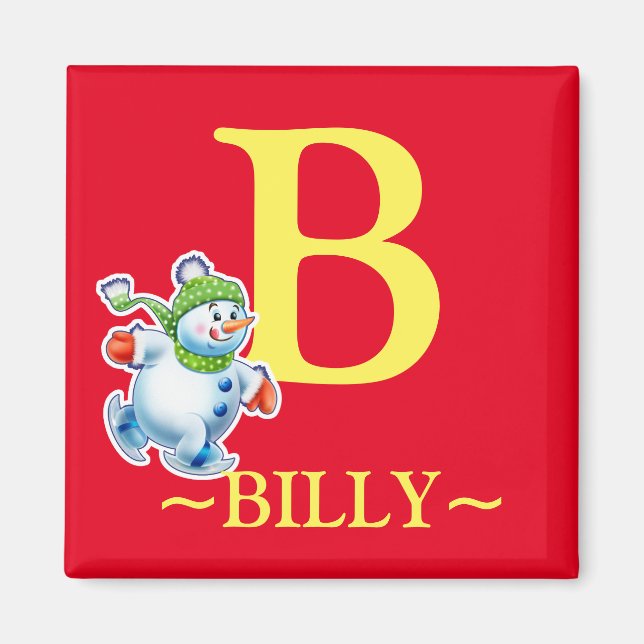 Boy's initial snowman fridge magnet (Front)
