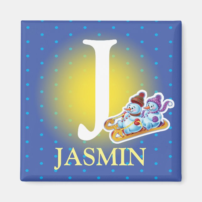 Boy's initial snowmen sledging fridge magnet (Front)