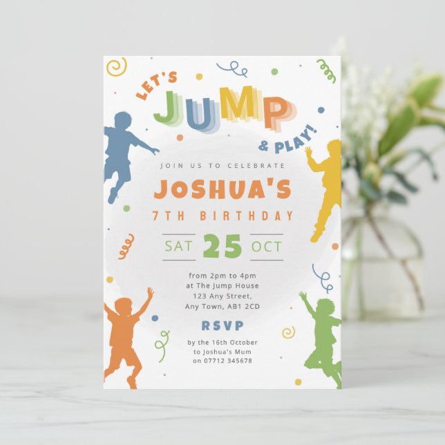 Boys Jump Party Birthday Invite Trampoline Theme (Standing Front)