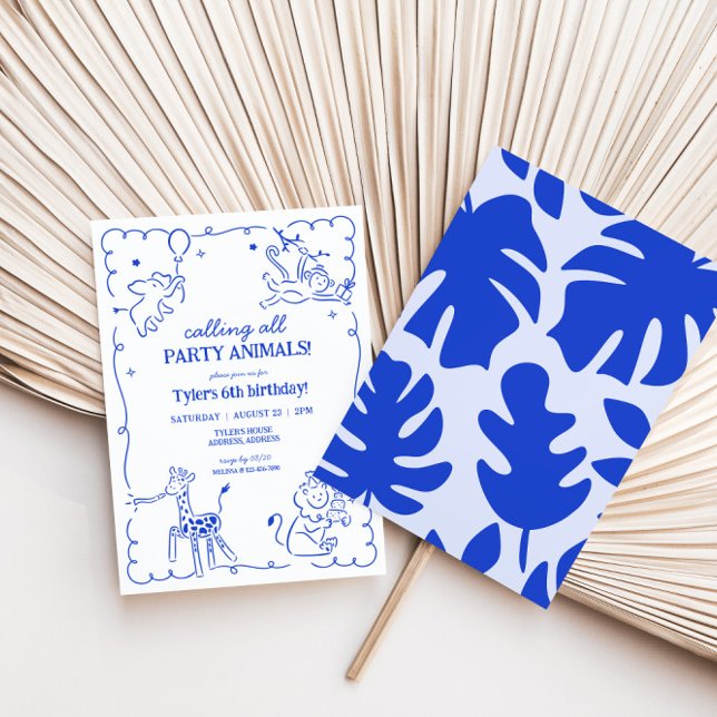 Boys Jungle Zoo Safari Animals Birthday Invitation (Boys Safari Whimsical Hand Drawn Party Animals Birthday Invite)