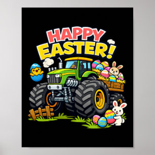 Boys Kids Happy Easter Farming Monster Tractors Eg Poster