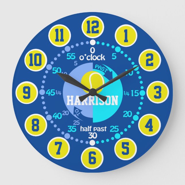 Boys learn to tell time blue green yellow tennis large clock (Front)