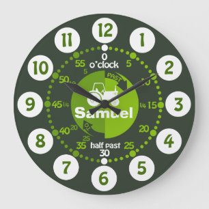 Boys learn to tell time green farm tractor clock