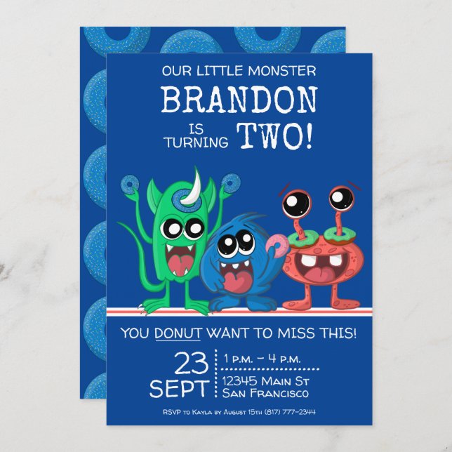 Boys Little Monster Doughnut Birthday Party Invitation (Front/Back)