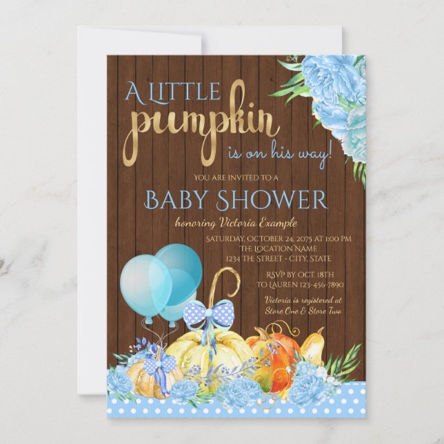 Boys Little Pumpkin Rustic Wood Baby Shower Invitation (Front)