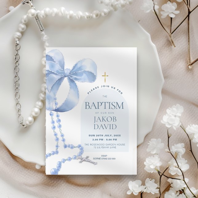 Boy's Modern Blue Bow & Rosary Baptism Invitation (Creator Uploaded)