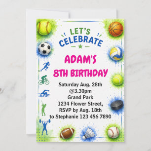 Boys Modern Blue Sports Kids Birthday  Invitation