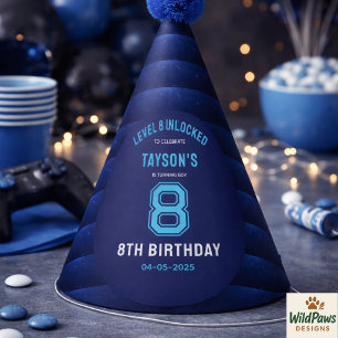 Boys Modern Cool Blue Gaming 8th Birthday Party Hat