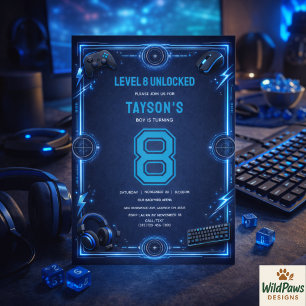 Boys Modern Cool Blue Gaming 8th Birthday Party Invitation