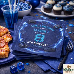 Boys Modern Cool Blue Gaming 8th Birthday Party Napkin