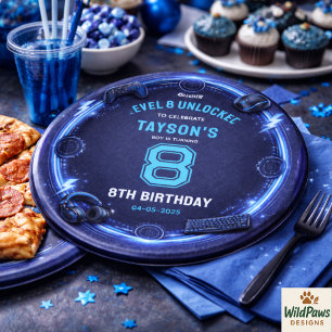 Boys Modern Cool Blue Gaming 8th Birthday Party Paper Plate