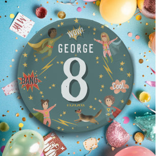 Boys Modern Cool Superhero Kids Birthday Paper Plate
