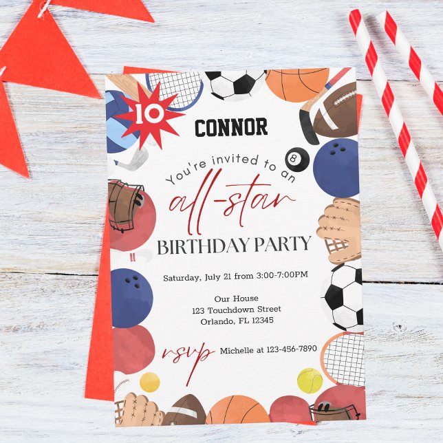 Boys Modern Fun Sports Kids Birthday Invitation (Front )