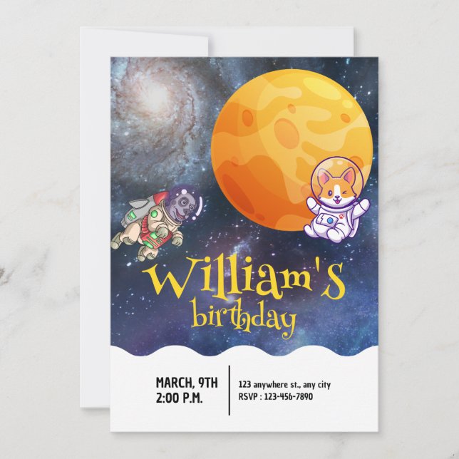 Boys Modern Galaxy Astronaut Dog Kids Birthday Invitation (Front)