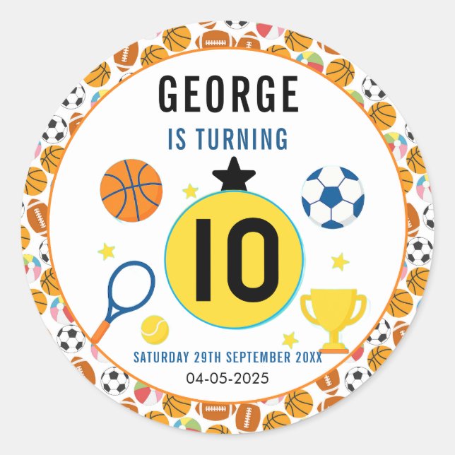 Boys Modern Sports Birthday Party | Game Day Theme Classic Round Sticker (Front)