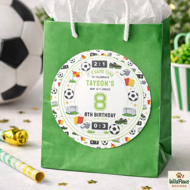 Boys Modern Sports Soccer Kids 8th Birthday Party Classic Round Sticker (Boys Modern Sports Soccer Kids 8th Birthday Party Classic Round Sticker)