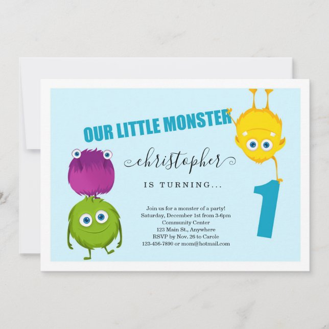 Boy's Monster First 1st Birthday Party Invitation (Front)