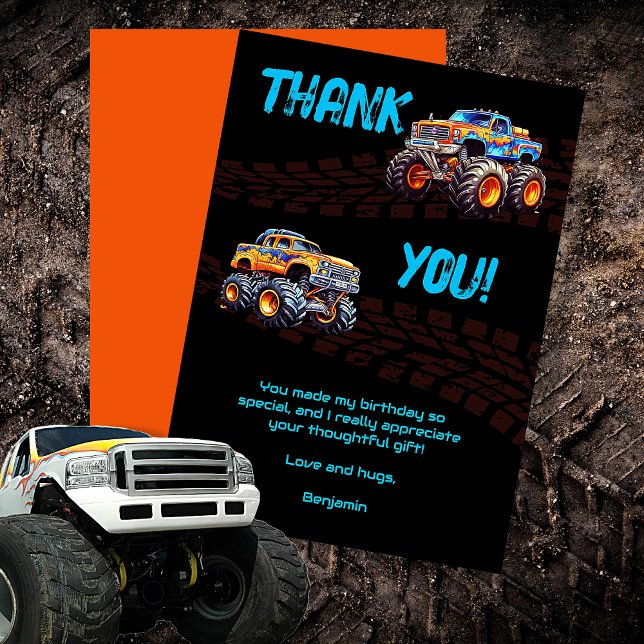 Boy's Monster Truck Bash Theme Thank You Card (Boy's Monster Truck Theme Birthday Bash Thank You Card)