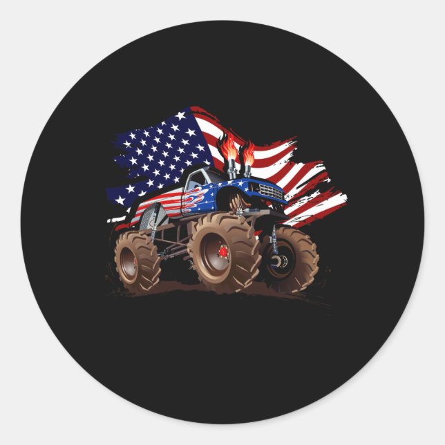 Boys Monster Truck Lover American Flag Racing USA  Classic Round Sticker (Front)