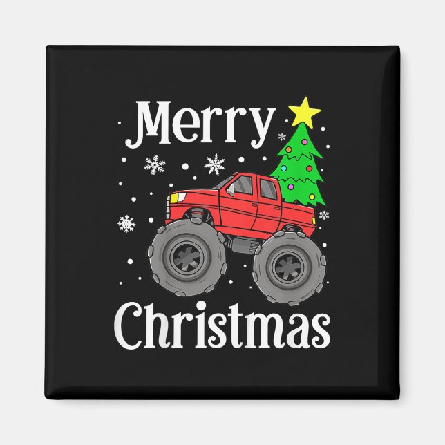 Boys Monster Truck Merry Christmas Tree Snowflakes Magnet (Front)