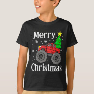 Boys Monster Truck Merry Christmas Tree Snowflakes T-Shirt