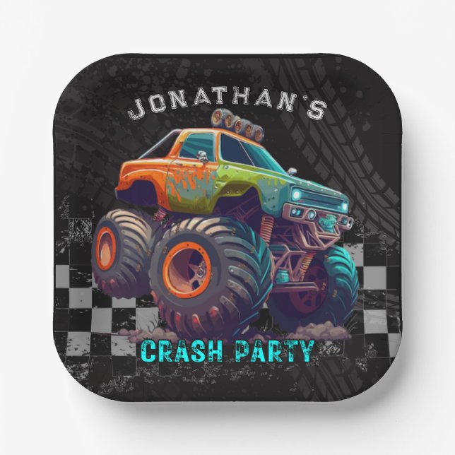 Boys Monster Truck Rally Birthday Party Paper Plate (Front)