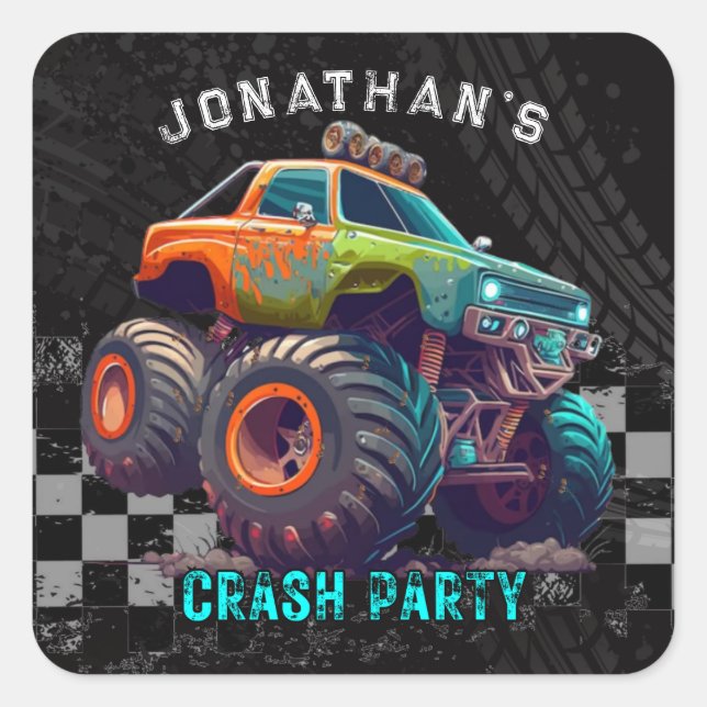 Boys Monster Truck Rally Birthday Party Square Sticker (Front)