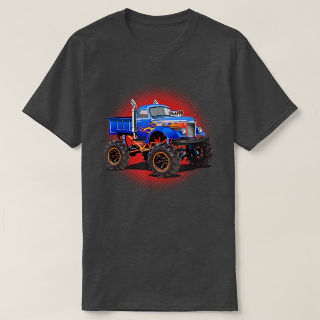 Boys Monster Truck With Flames Blue Red Graphic  T-Shirt (Design Front)