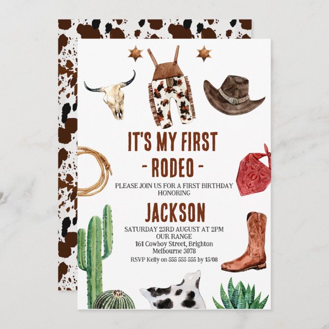 Boys My First Rodeo Cowboy 1st Birthday Invitation (Front/Back)