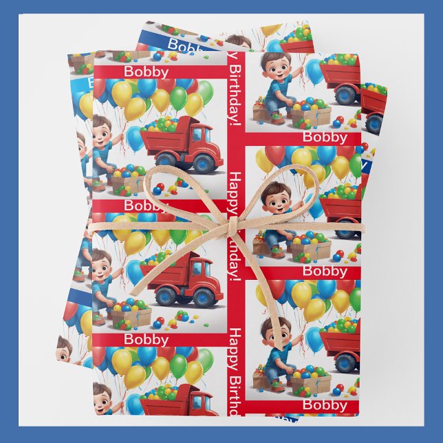Boy's NAME Birthday Dump Truck Balloons Wrapping Paper Sheet (Creator Uploaded)