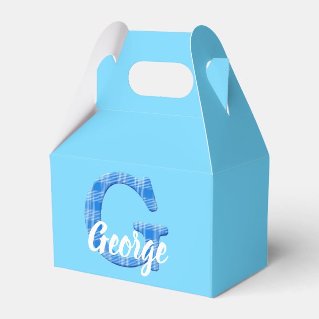 Boys Name Custom Plaid Letter G Custom Blue Favour Box (Front Side)