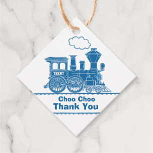Boys name train loco blue white birthday thank you favour tags