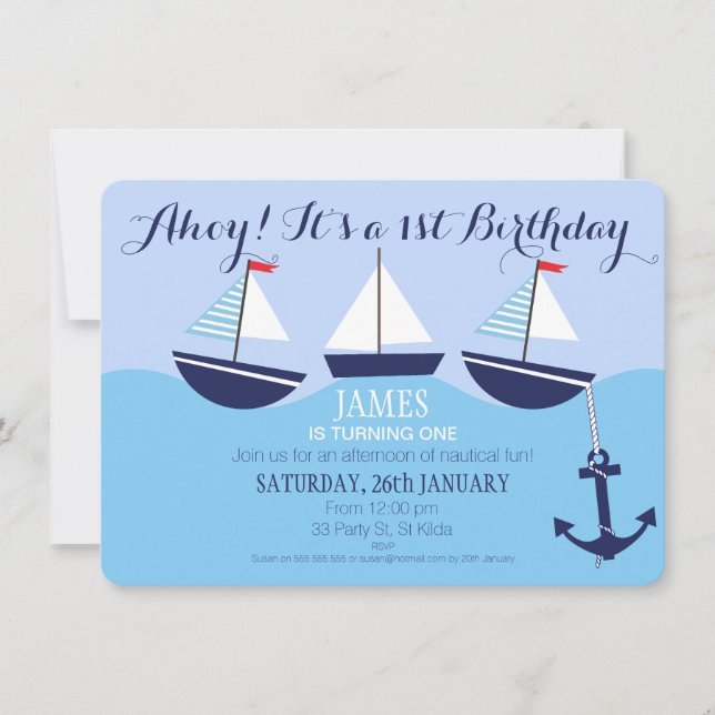 Boy's Nautical 1st Birthday Party Invitation (Front)