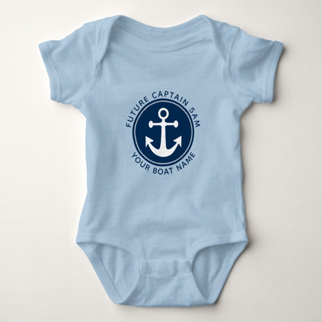Boy's Nautical Anchor Rope Navy Captain Boat Name Baby Bodysuit (Front)