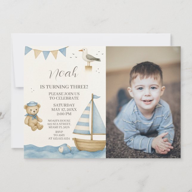 Boys Nautical Birthday Invitation with photo (Front)