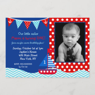 Boys Nautical Sailboat 1st Birthday Invitation