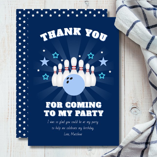 Boy's Navy Blue Bowling Birthday Party Thank You Card (Creator Uploaded)