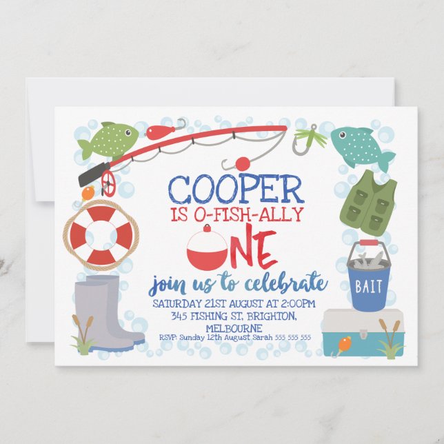 Boys O-fish-ally one bobber 1st birthday Invitation (Front)