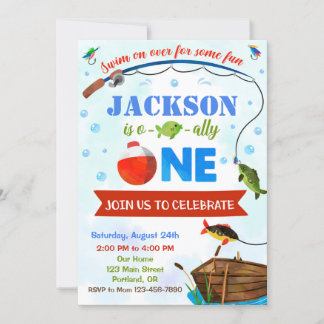 Boy's Ofishally ONE birthday invitation O-fish-al
