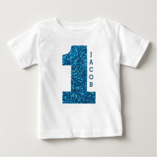 Boys One First Birthday Blue Glitter Baby T-Shirt