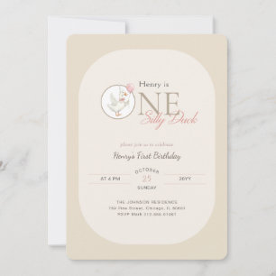 Boys One Silly Duck Pink Bow First Birthday Invitation