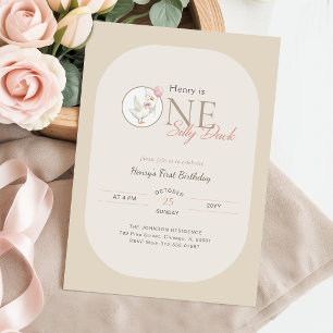 Boys One Silly Duck Pink Bow First Birthday Invitation
