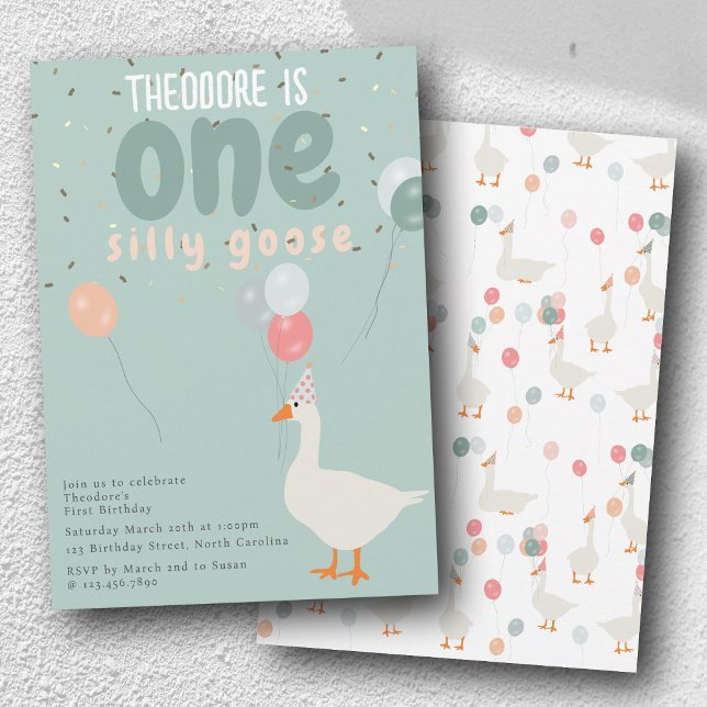 Boy's One Silly Goose 1st Birthday Party Blue Invitation (Boy's One Silly Goose 1st Birthday Party Blue Invitation)