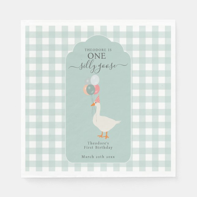 Boy's One Silly Goose 1st Birthday Party Napkin (Front)