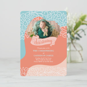 Boys Orange and Blue Waves with Photo Christening Invitation