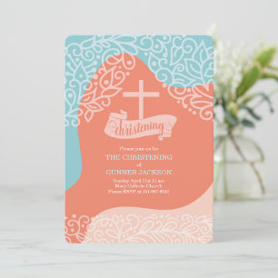 Boys Orange and Blue with Cross Christening Invitation