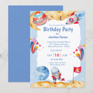 Boys Outer Space Astronaut Blue Red Invitation