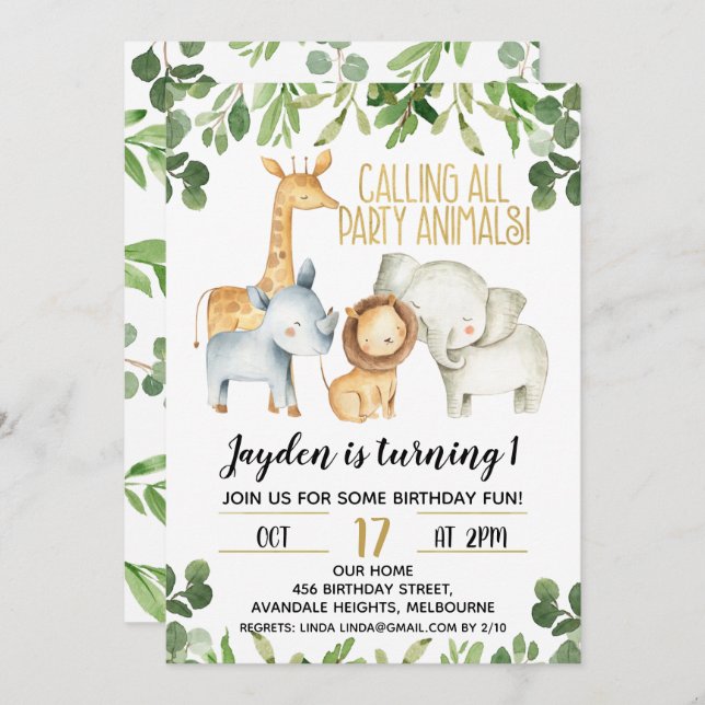 Boys Party Animals Safari Birthday Invitation (Front/Back)