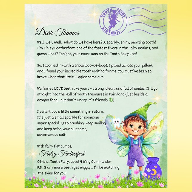 Boys Personalised Fairy Letter Magical Keepsake (Boys Tooth Fairy Letter – Personalized Tooth Fairy Note from Finley Featherfoot – Custom Printed)