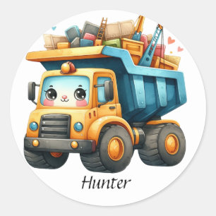 Boys Personalised name Dump Truck Classic Round Sticker